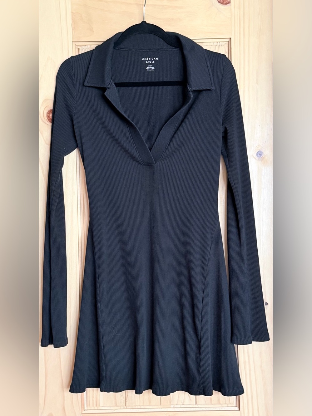 American Eagle Dress in Black Ribbed Collar V-Neck Bell Sleeve Whimsigoth Witchy